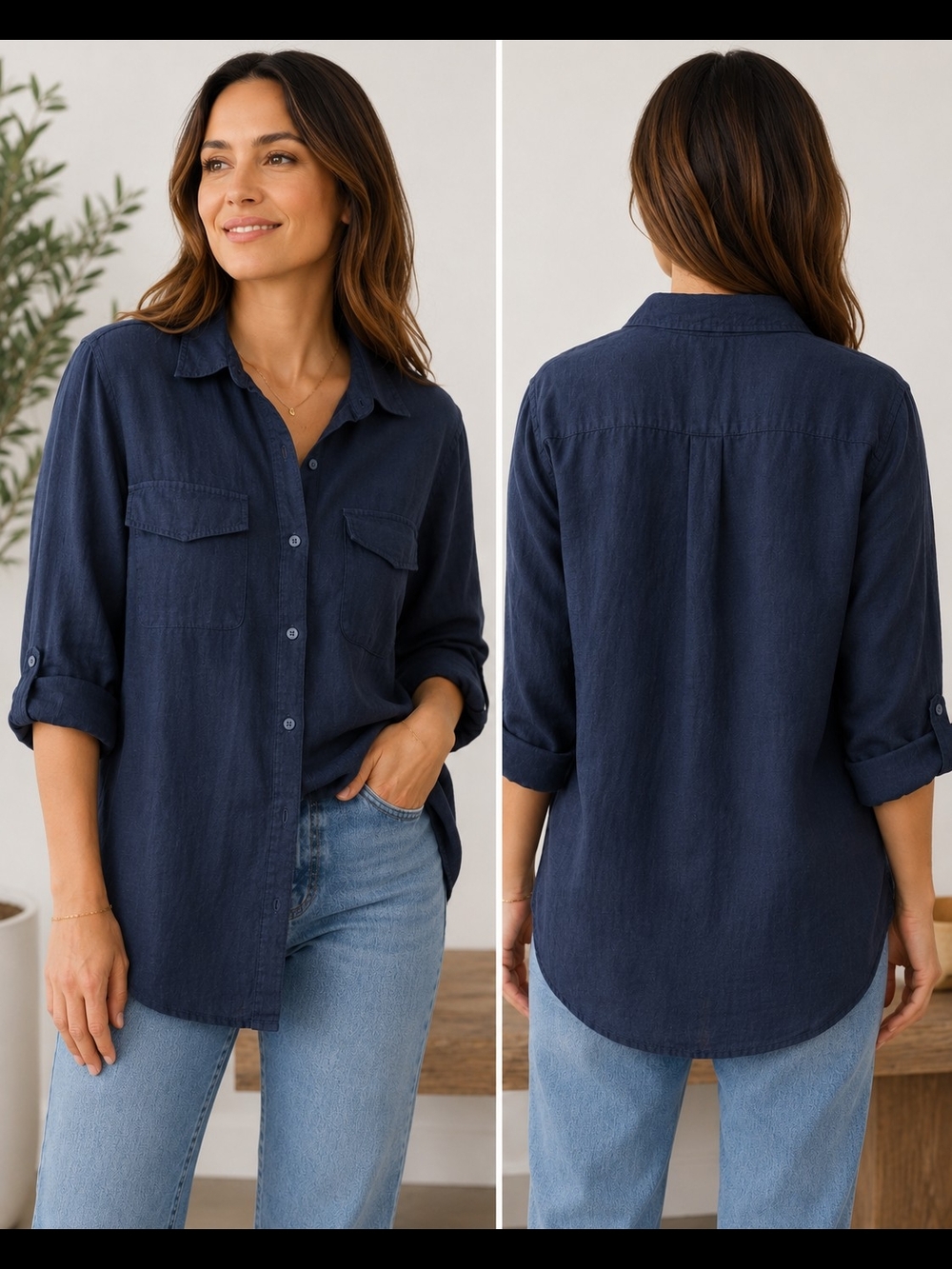 Joe Fresh 100% Linen Navy Blue Button-Up Shirt Women's 2X